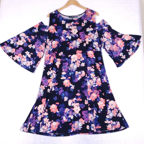 Nina Leonard 2X Cold Shoulder Floral Swing Dress Navy Plus Size Boho Chic - Picture 1 of 9